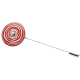 Pin with disk in red and silvery patterned concentric circles with a small silver disk at the centre.