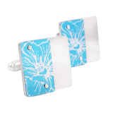 Blue Larkspur cufflinks hand crafted from silver and aluminium habd printed with a larkspur floral image and dyed a sky blue shade