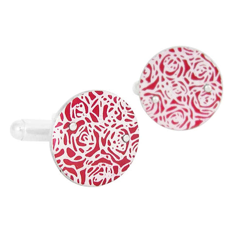 hand made sterling silver cufflinks with red aluminium decorated with roses print