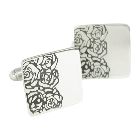 sterling silver square cufflinks decorated with half a black roses linear reapeat pattern