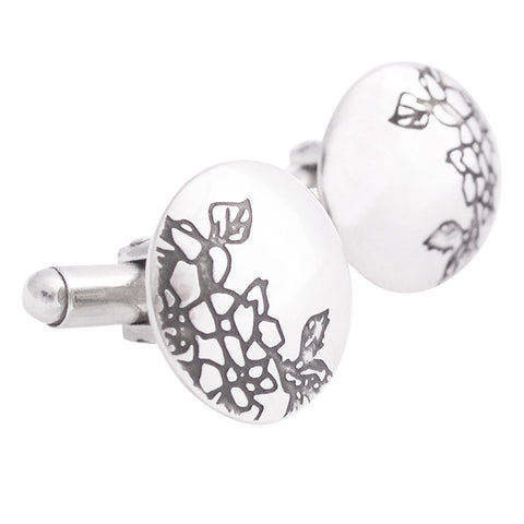 sterling silver contemporary cufflinks etched with black carnations drawings