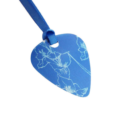 handmade contemporary blue aluminum gladioli print guitar pick pendant