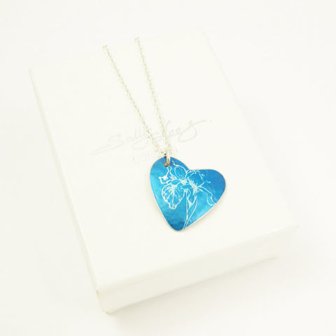 Blue Iris aluminium birth flower pendant by Sally Lees