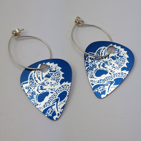 Guitar Pick Earrings - Dragon in blue