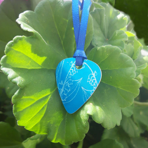 Birth Flower Guitar pick Pendant- May's Lily of the Valley in Blue