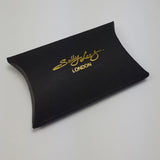 Black rectangular envelope style box with gold foil Sally Lees London logo