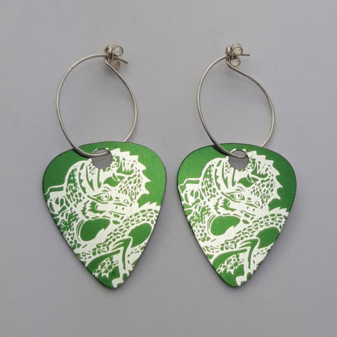 Guitar Pick Earrings- Dragon in green