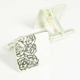 sterling silver cufflinks decorated with black linear roses repeat pattern 