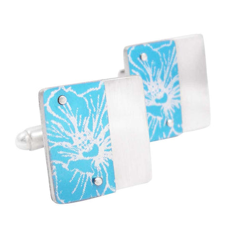 Blue Larkspur cufflinks hand crafted from silver and aluminium habd printed with a larkspur floral image and dyed a sky blue shade