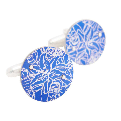 Handmade blue aluminium and silver cufflinks with tigerlilies print 