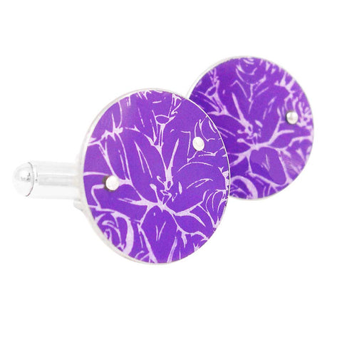 Round sterling silver cufflinks with purple aluminum with tigerlilies print 