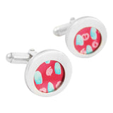 Round sterling silver cufflinks with red white and blue spot motif on aluminium