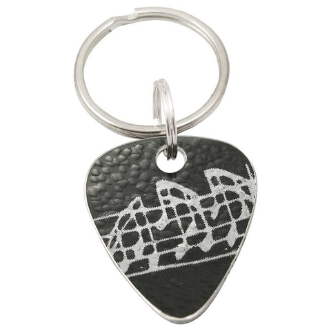 Black aluminum musical notes print on guitar pick keyring