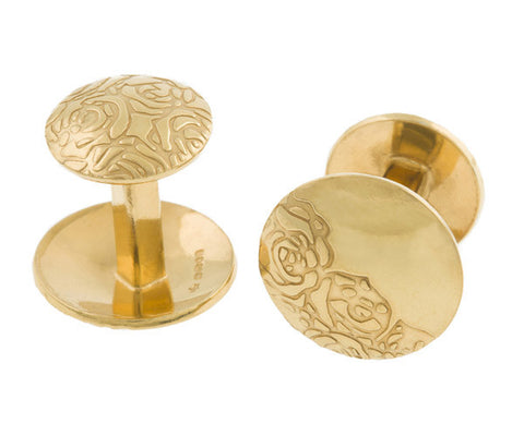 Hand crafted contemporary Gold coated Silver double sided Cufflinks etched with roses drawigs