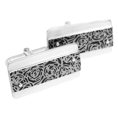 Black roses print aluminium and silver contemporary cufflinks 