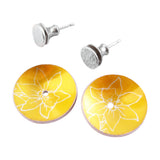 Bright yellow daffodil aluminium earrings with daffodils pattern and silver studs seperately displayed