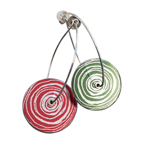 Women's Suffrage jewellery collection suffragist earrings in red and green aluminium with silver hook wires