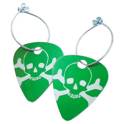 Green guitar pick earrings printed with skulls