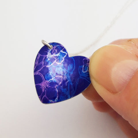 July's Birth Flower, purple and blue, larkspur, anodized aluminium heart pendant
