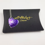 July's Birth Flower, purple, larkspur, anodized aluminum heart pendant