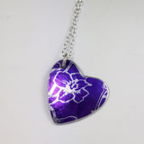 July's Birth Flower, purple, larkspur, anodized aluminum heart pendant