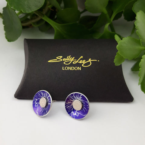 Round purple larkspur earrings with silver centres