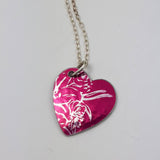 Floral, pink, anodized aluminum, heart pendant with silver chain
