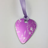 August's birth flower, pink anodized aluminum, gladioli print, guitar pick pendant