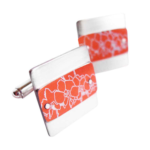 hand crafted orange aluminum and silver cufflinks with orchids print