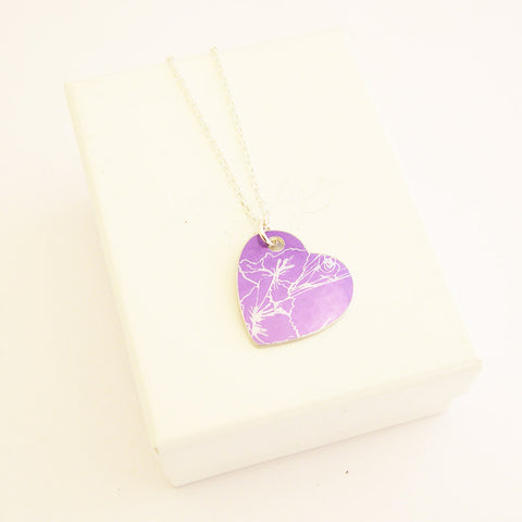 hand made contemporary aluminum Purple August's birth flower Gladiolus Pendant with silver chain by Sally Lees