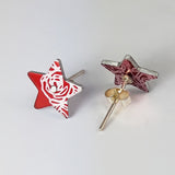 Red Roses aluminium star stud earrings. Showing front and back with silver post and butterfly back.