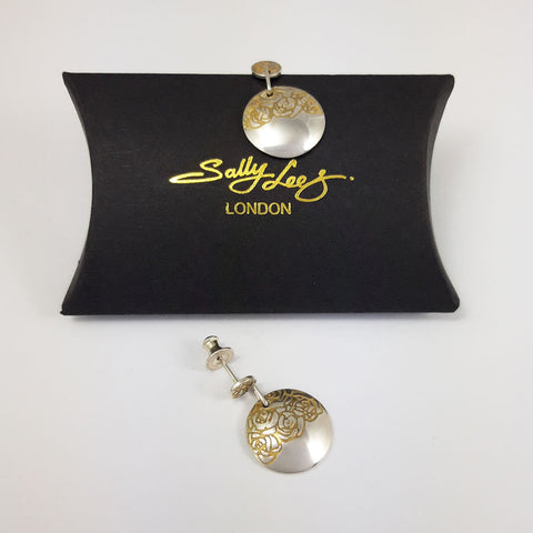 Hand crafted silver and gold etched round drop earrings with a gift box