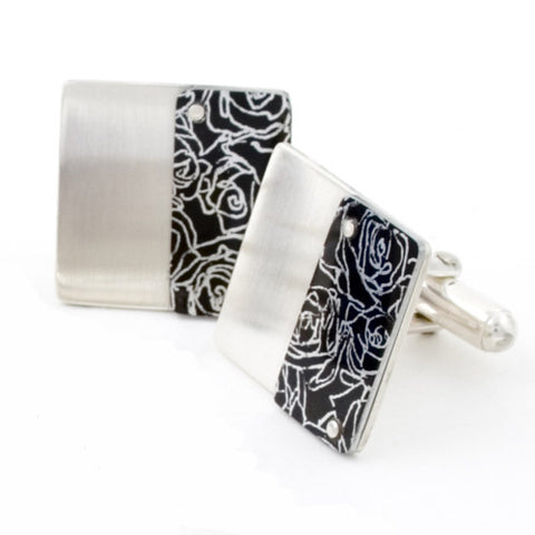 Sally Lees sterling silver cufflinks with black roses print on black aluminum