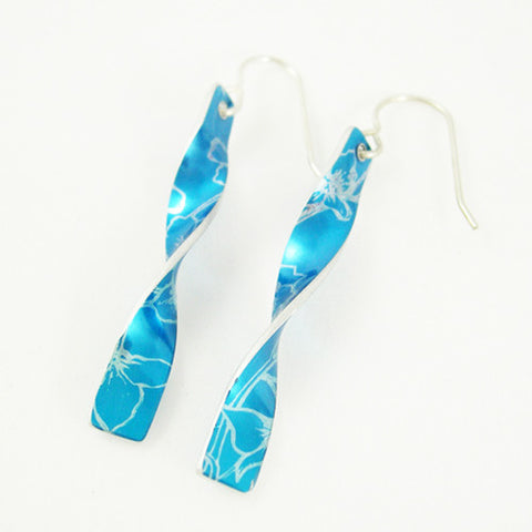Hand made aluminum Blue Larkspur earrings by Sally Lees