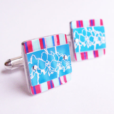 Blue and red pinstripe and blue orchids cufflinks