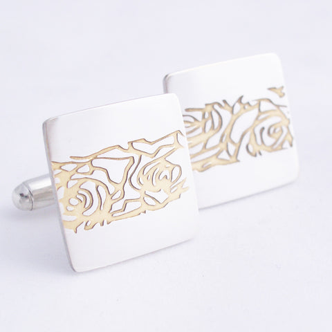 Sterling silver square cufflinks with central abstrcted roses etch filled with gold
